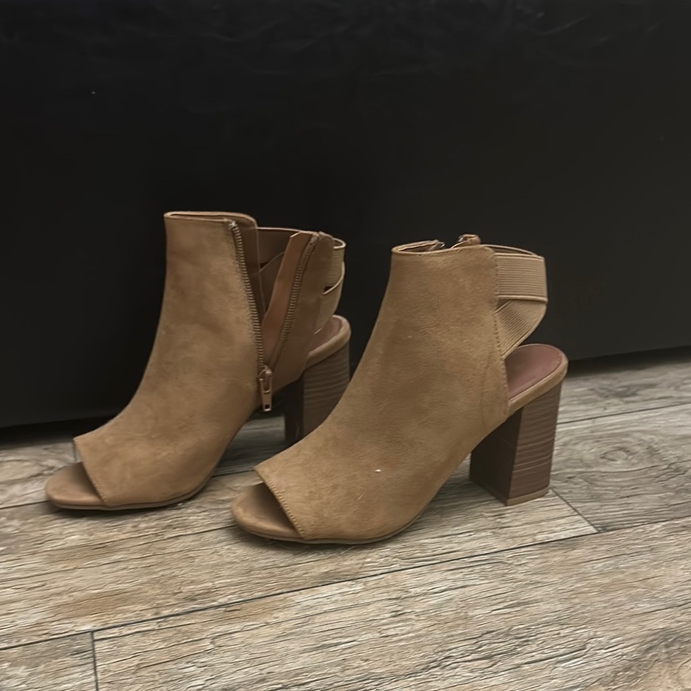 MIA Tan Heeled Boots with Peep-Toe Design